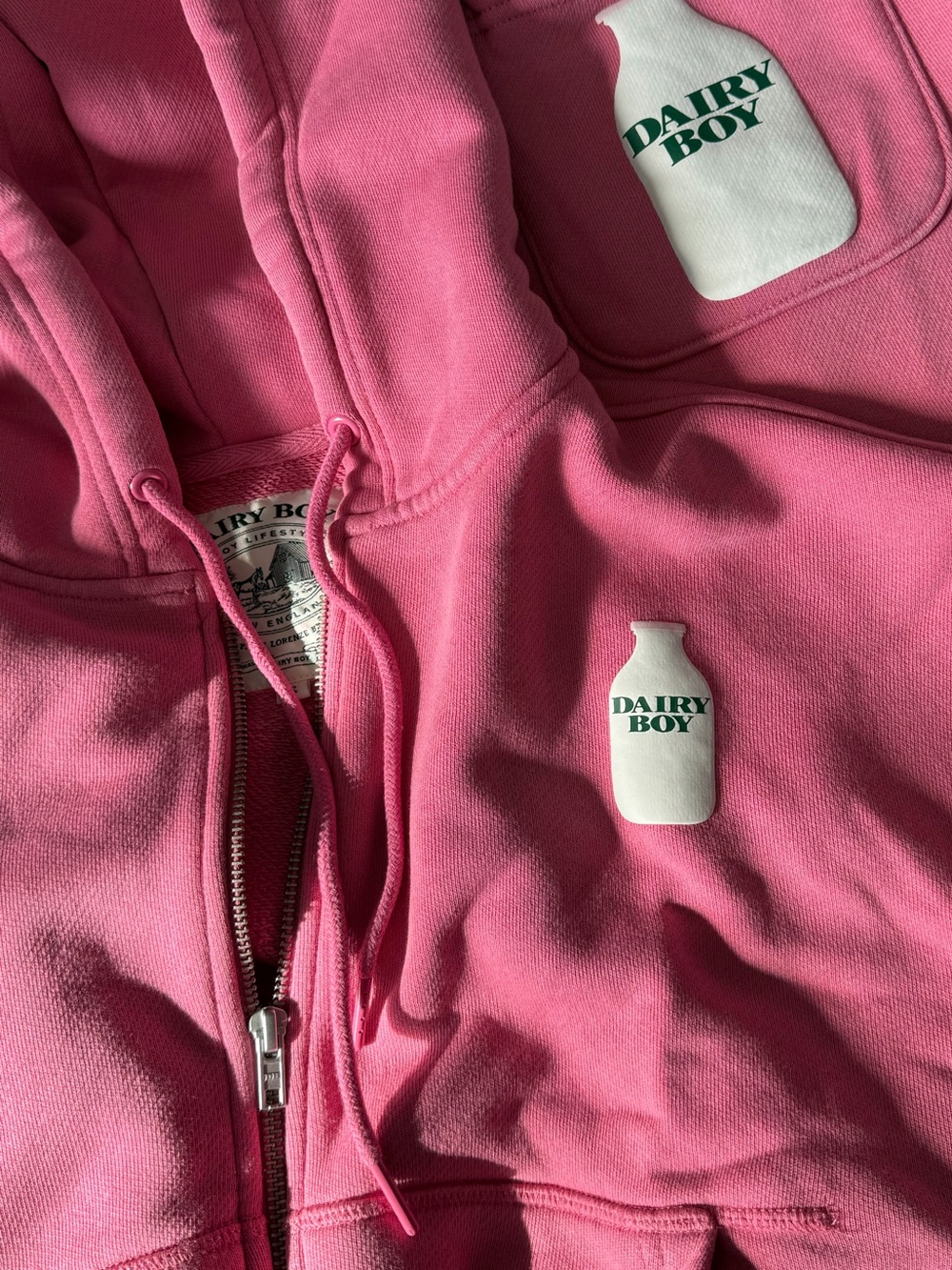 Dairy boy Milk Bottle Cropped Zip-Up Hoodie - Strawberry Milk Pink